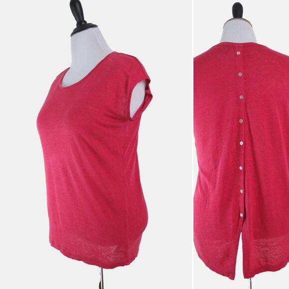 Tahari Size M Linen Fine Knit Button Back Tee Short Sleeve Top Red - Picture 1 of 10